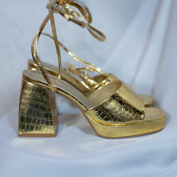 EGO Dreamer Womens Gold Croc Block Platform Heels Shoes Lace Up Size US 8M - Picture 1 of 16